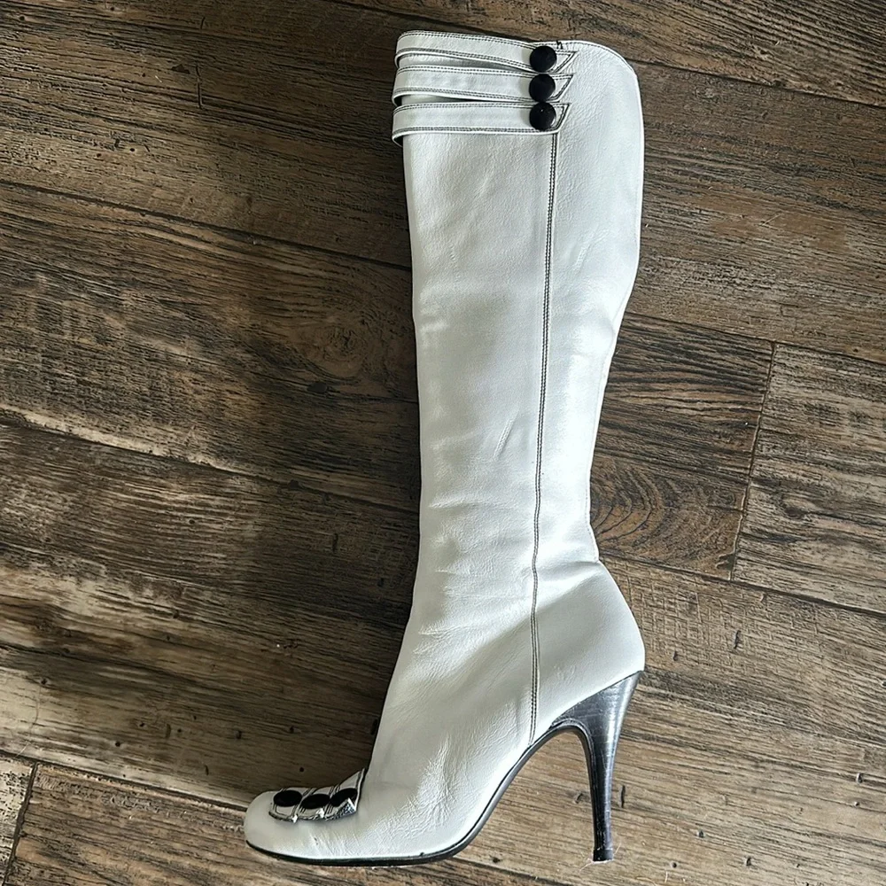 Miss Sixty White Tall Leather Boots with Black Trim